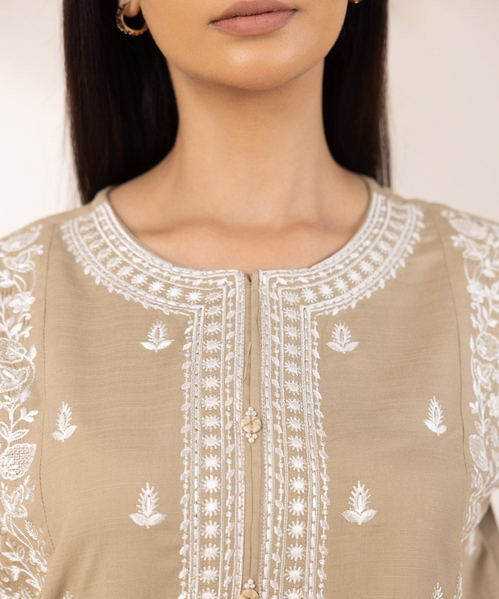 Women's Pret Dull Raw Silk Embroidered Beige A-Line Shirt