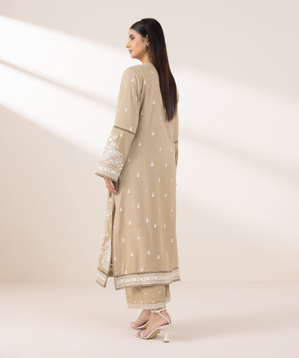 Women's Pret Dull Raw Silk Embroidered Beige A-Line Shirt