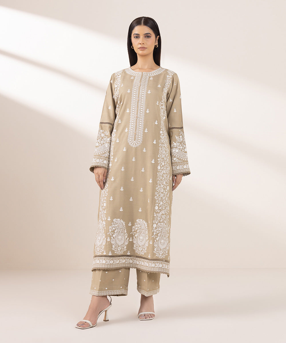 Women's Pret Dull Raw Silk Embroidered Beige A-Line Shirt