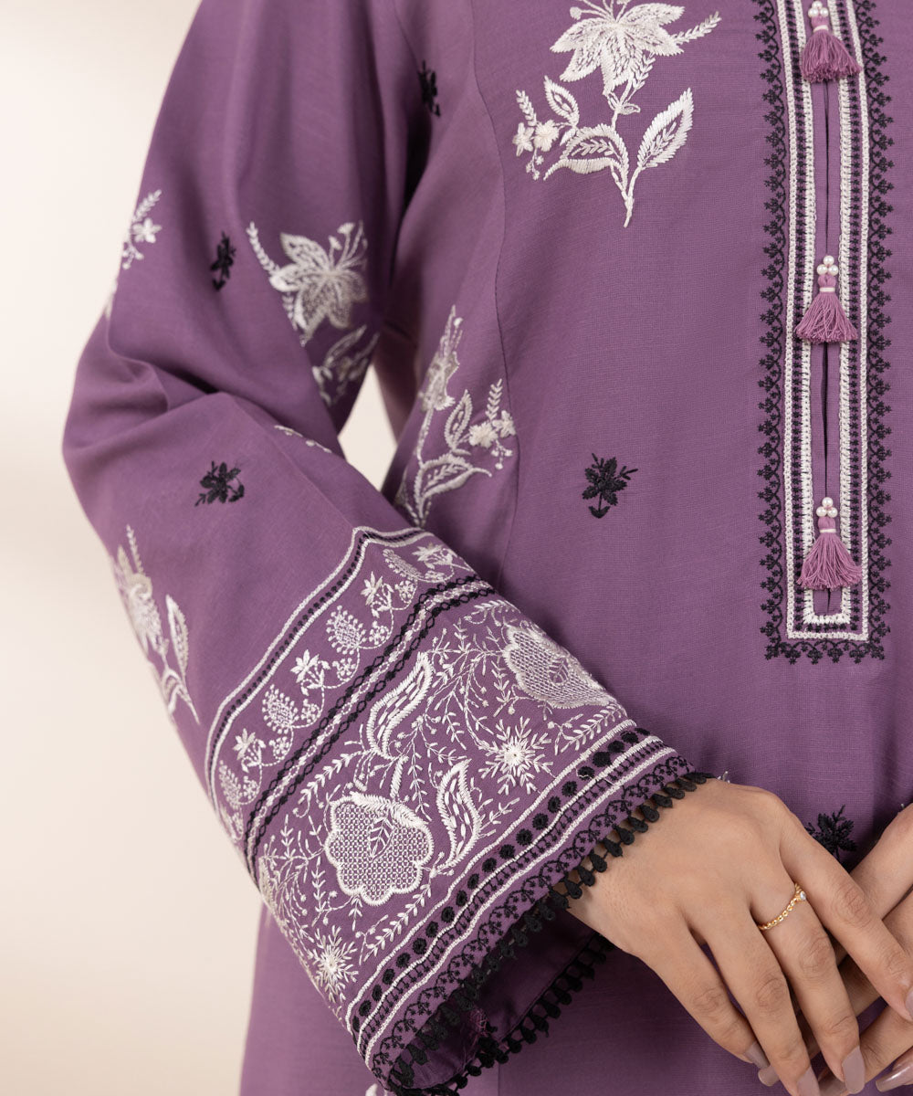 Women's Pret Dull Raw Silk Embroidered Purple A-Line Shirt