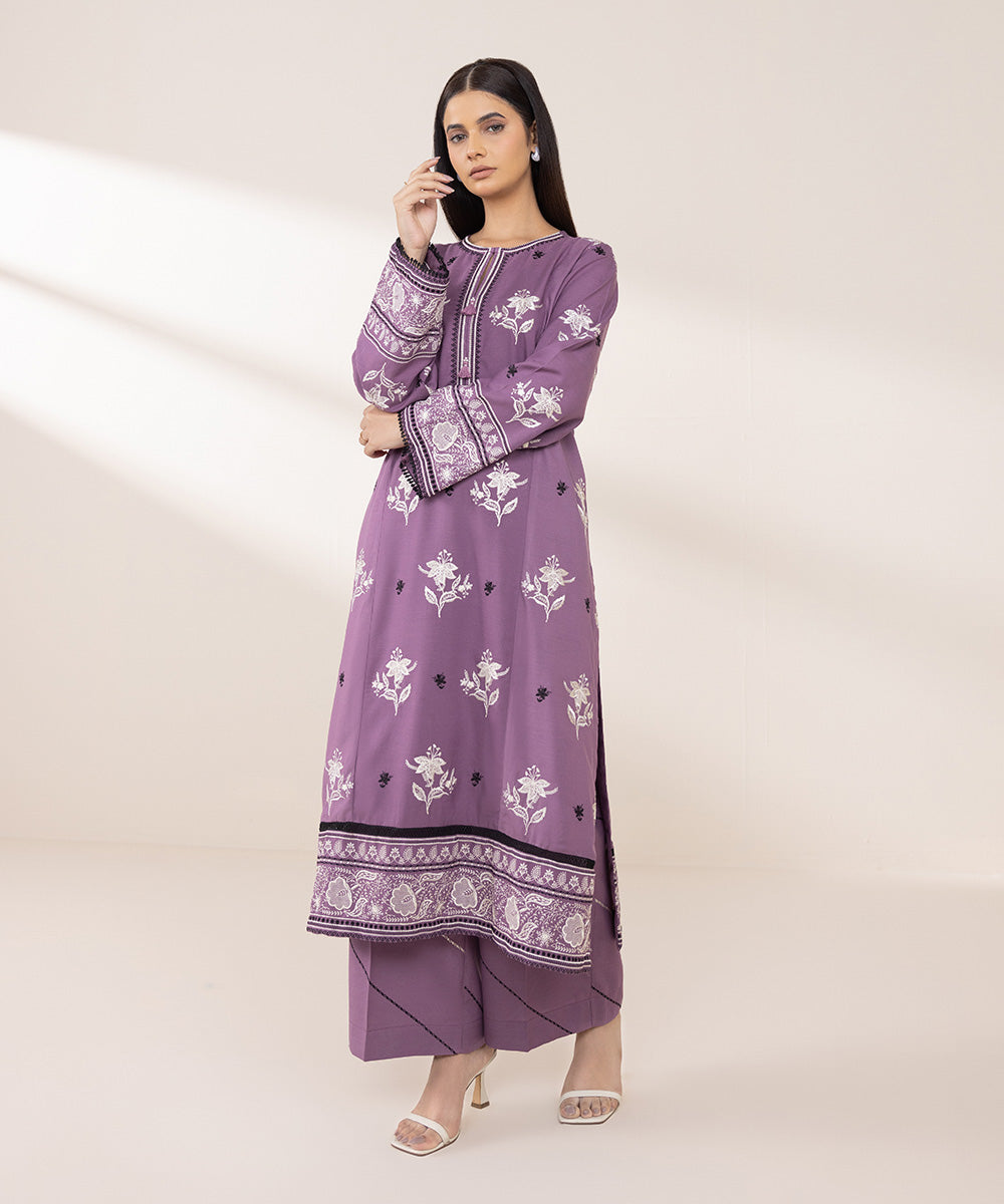 Women's Pret Dull Raw Silk Embroidered Purple A-Line Shirt