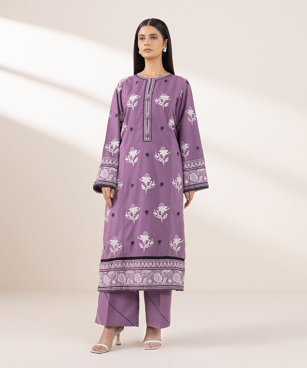 Women's Pret Dull Raw Silk Embroidered Purple A-Line Shirt