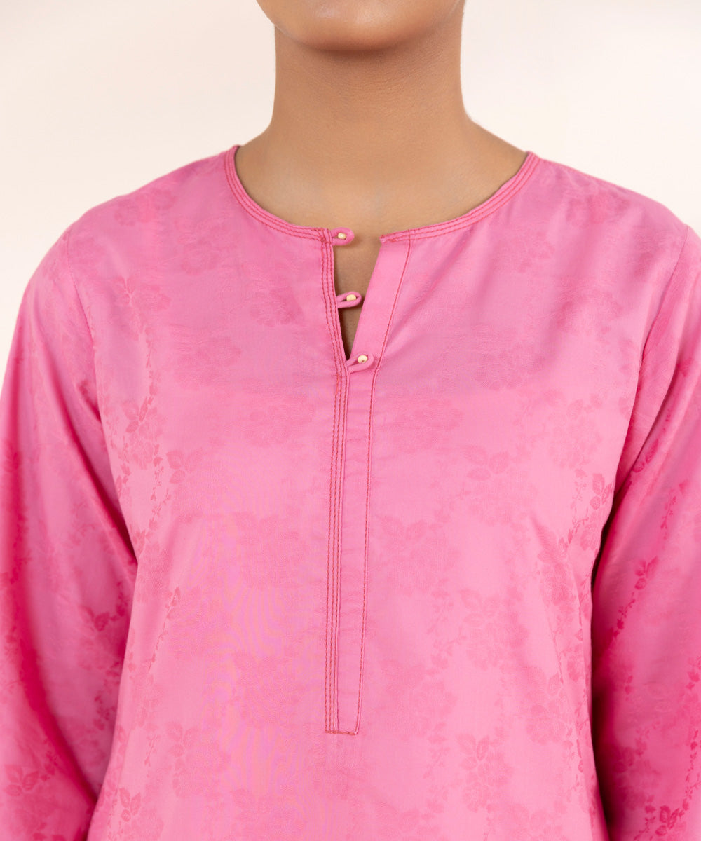 Women's Pret Cotton Jacquard Pink Solid A-Line Shirt