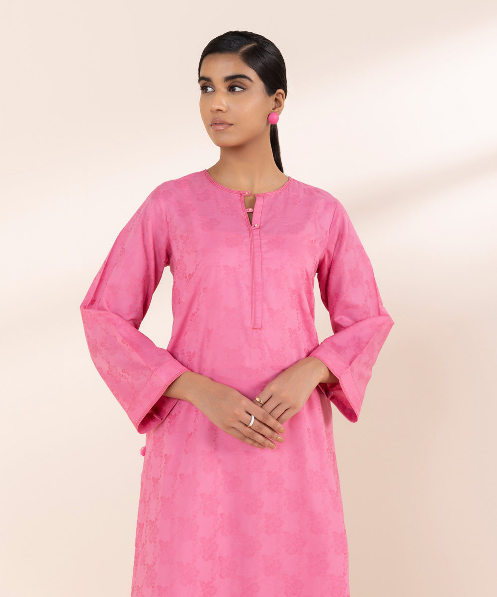 Women's Pret Cotton Jacquard Pink Solid A-Line Shirt