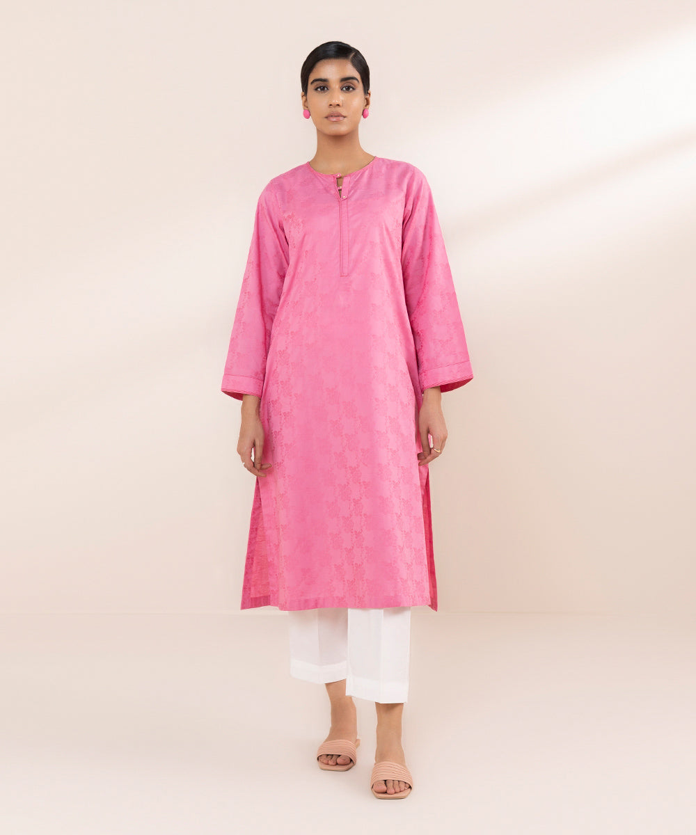 Women's Pret Cotton Jacquard Pink Solid A-Line Shirt