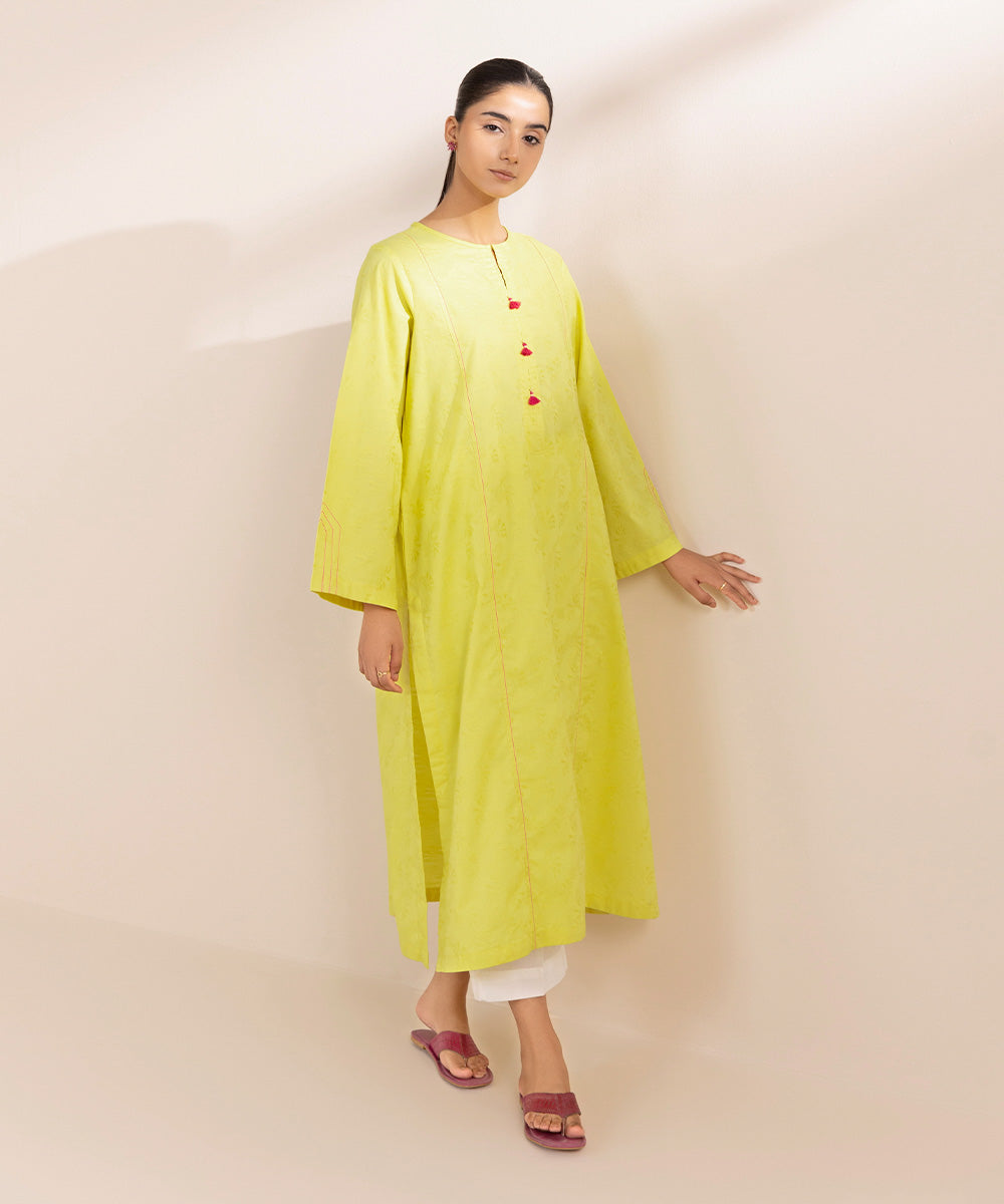 Women's Pret Cotton Jacquard Yellow Solid A-Line Shirt