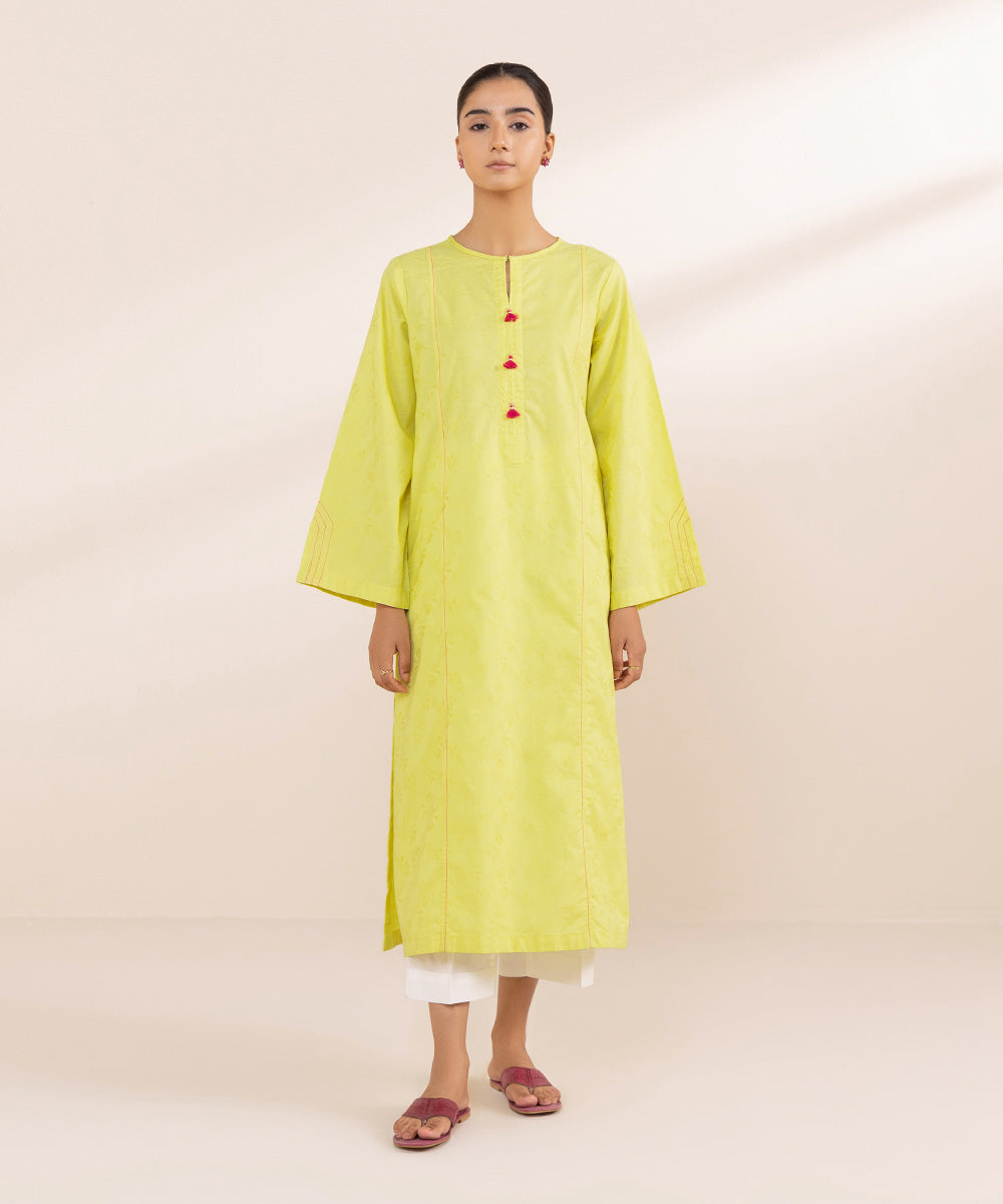 Women's Pret Cotton Jacquard Yellow Solid A-Line Shirt