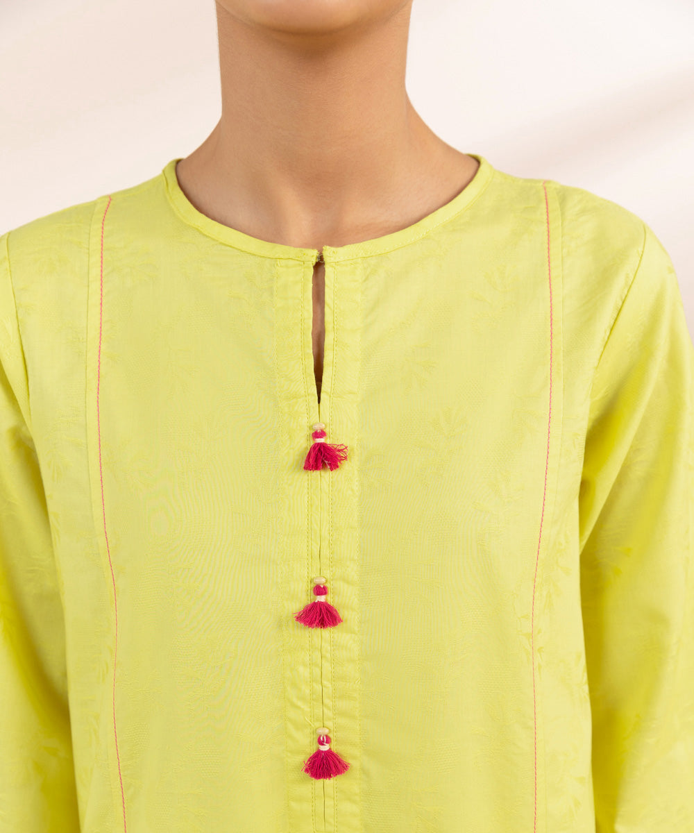 Women's Pret Cotton Jacquard Yellow Solid A-Line Shirt