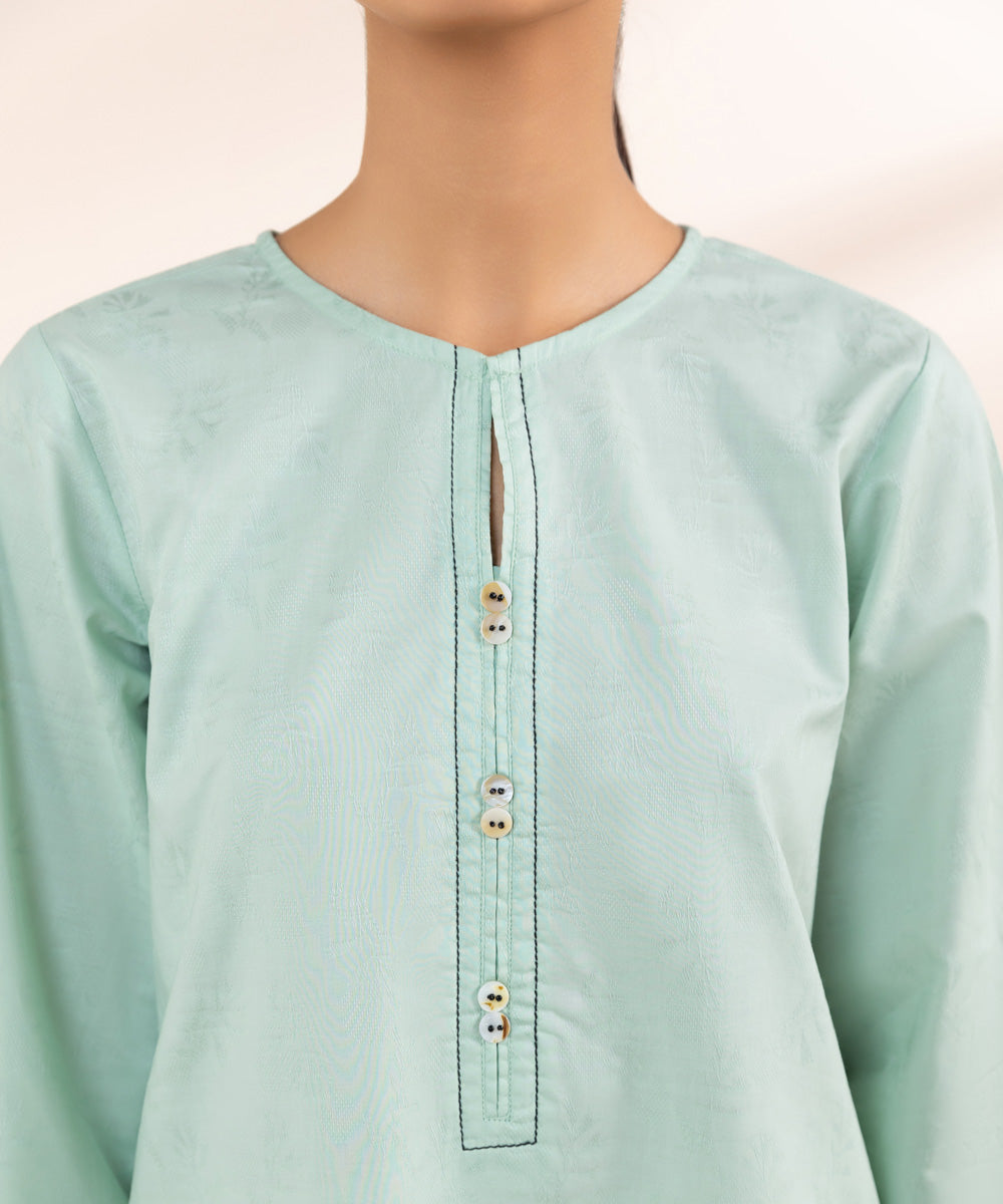 Women's Pret Cotton Jacquard Blue Solid A-Line Shirt