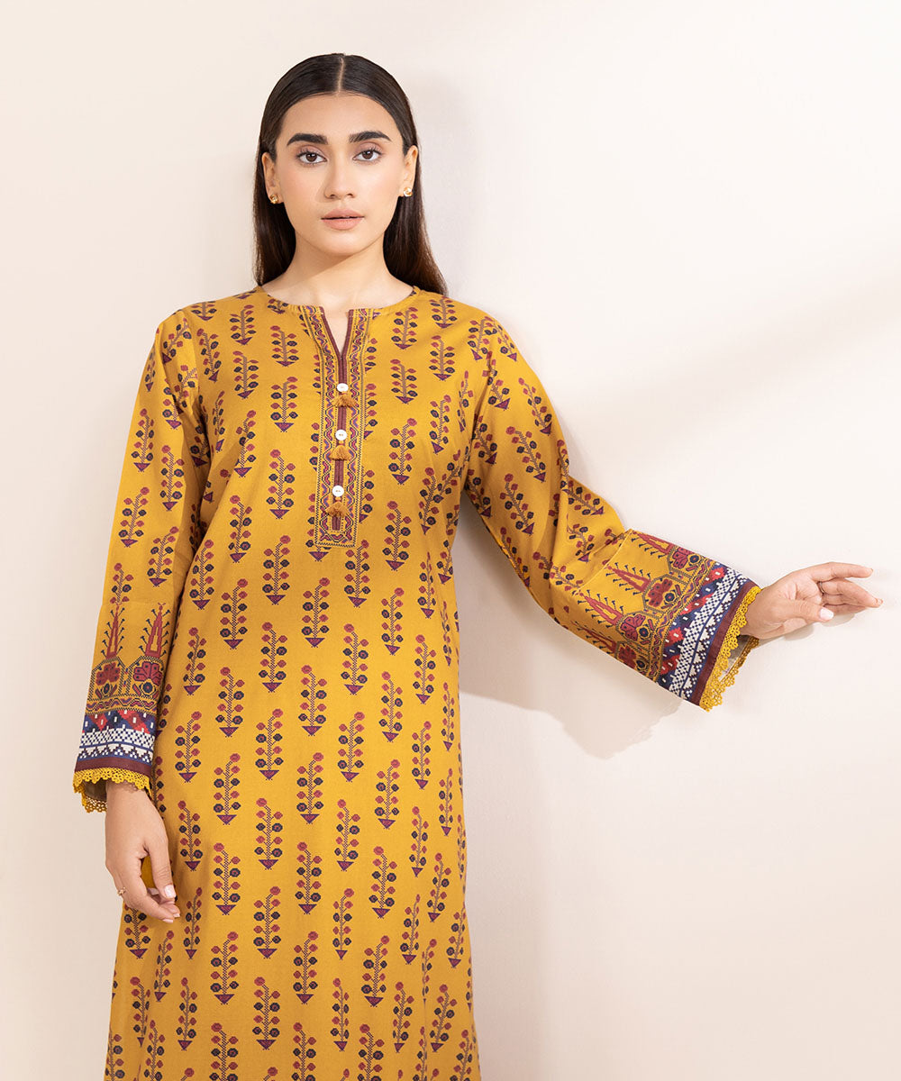 Women's Pret Cambric Yellow Printed A-Line Shirt