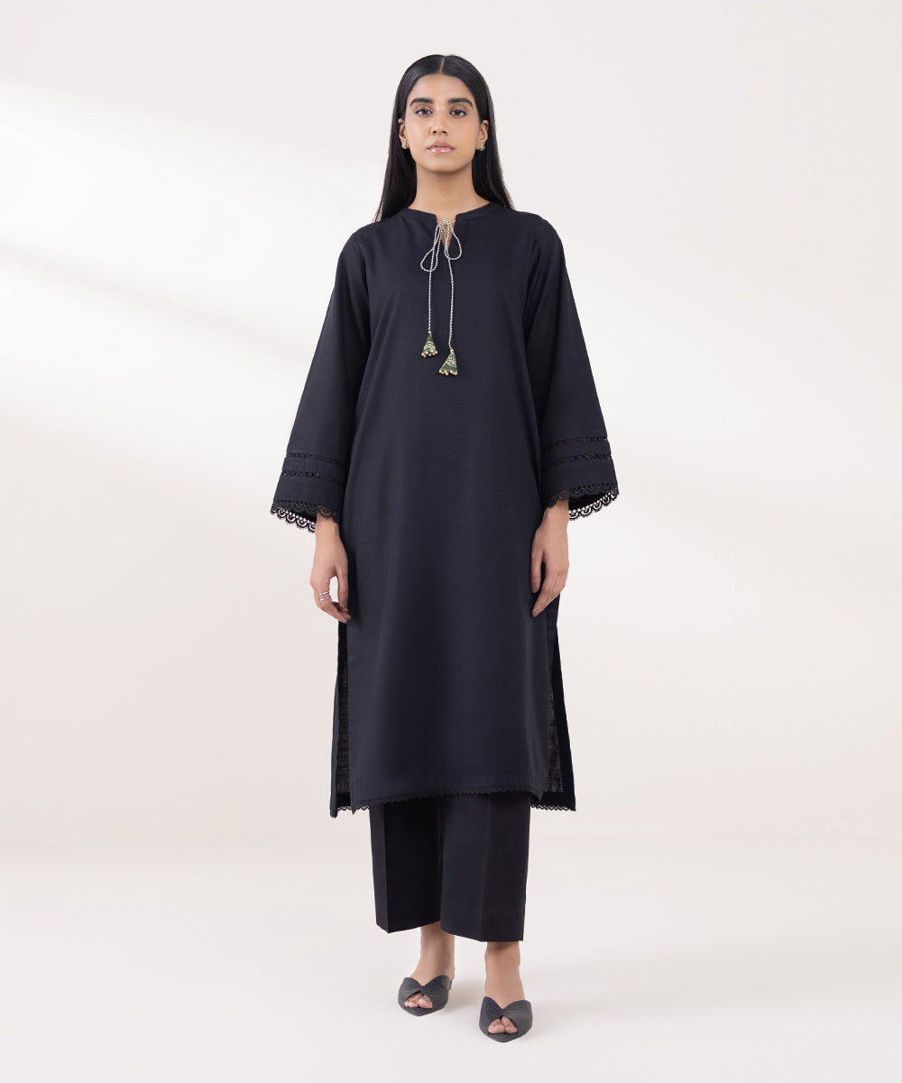 Women's Pret Khaddar Solid Black A-Line Shirt