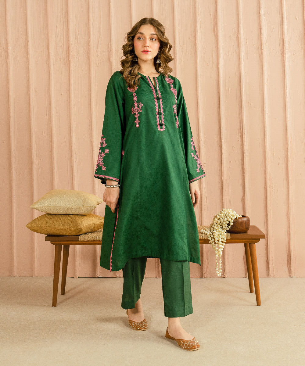 Women's Pret Cotton Jacquard Solid Embroidered Green A-Line Shirt