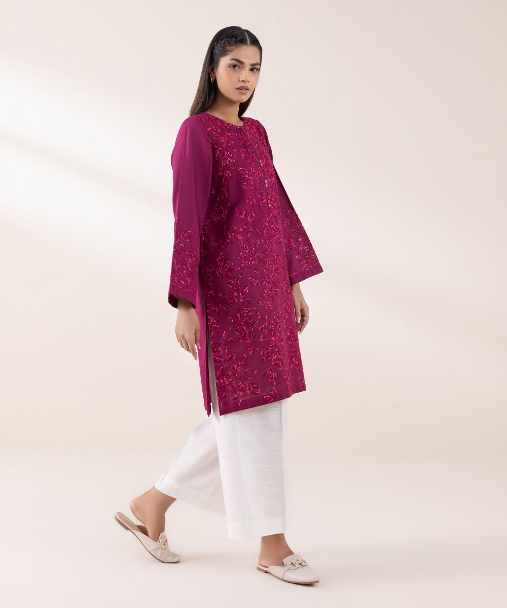 Women's Pret Khaddar Embroidered Magenta A-Line Shirt