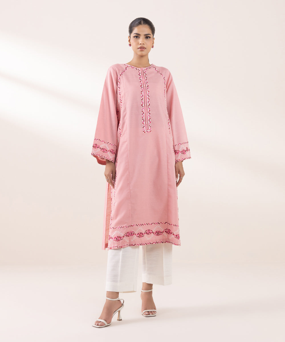 Women's Pret Khaddar Embroidered Light Pink A-Line Shirt