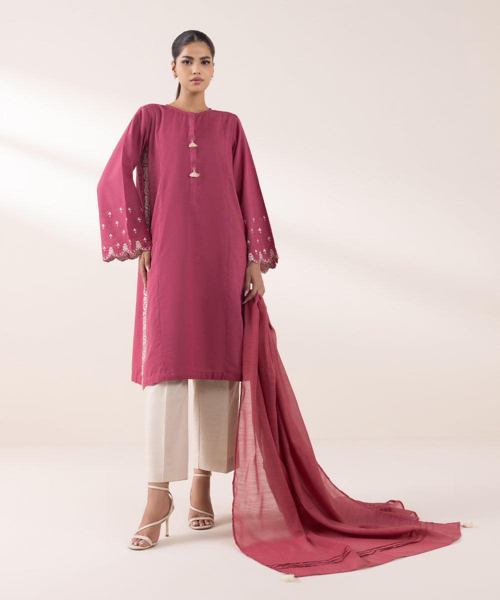 Women's Pret Khaddar Embroidered Rosewood Pink A-Line Shirt