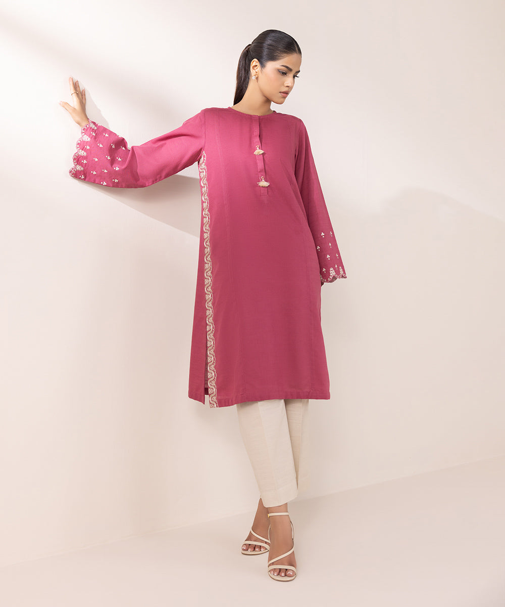 Women's Pret Khaddar Embroidered Rosewood Pink A-Line Shirt