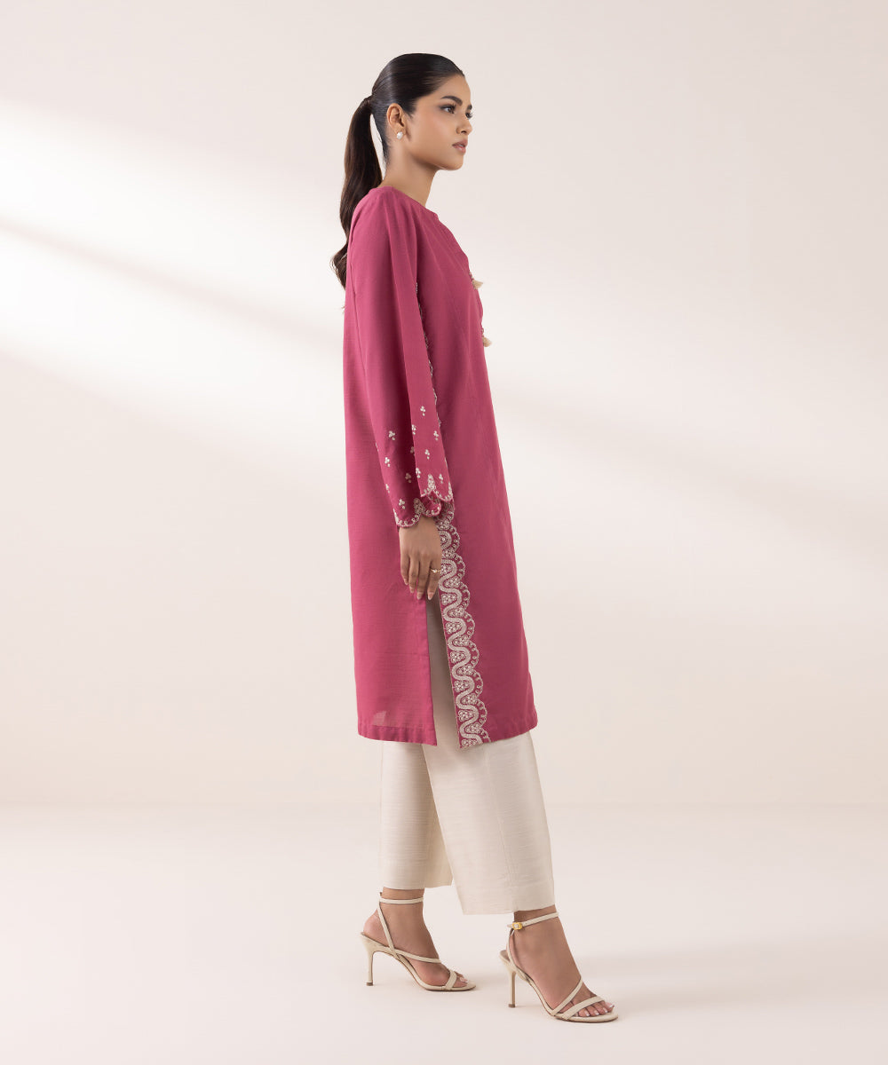 Women's Pret Khaddar Embroidered Rosewood Pink A-Line Shirt