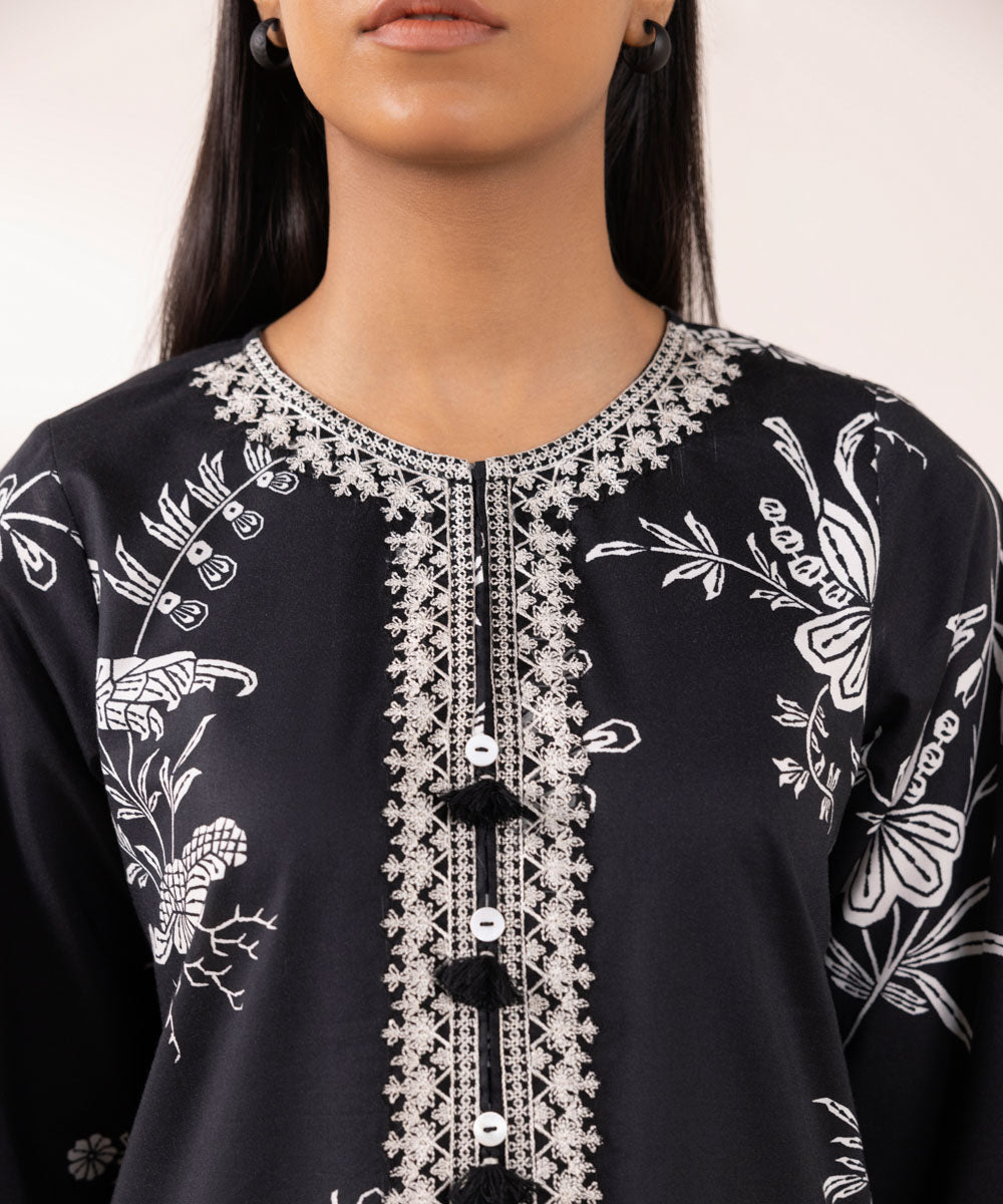 Women's Pret Cotton Printed Embroidered Black A-Line Shirt