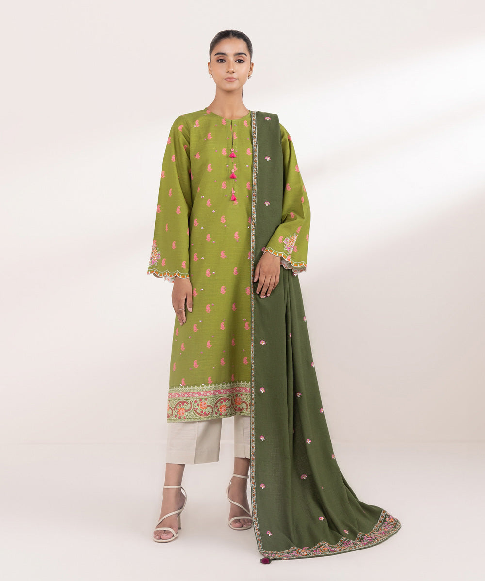 Women's Pret Khaddar Green Embroidered A-Line Shirt