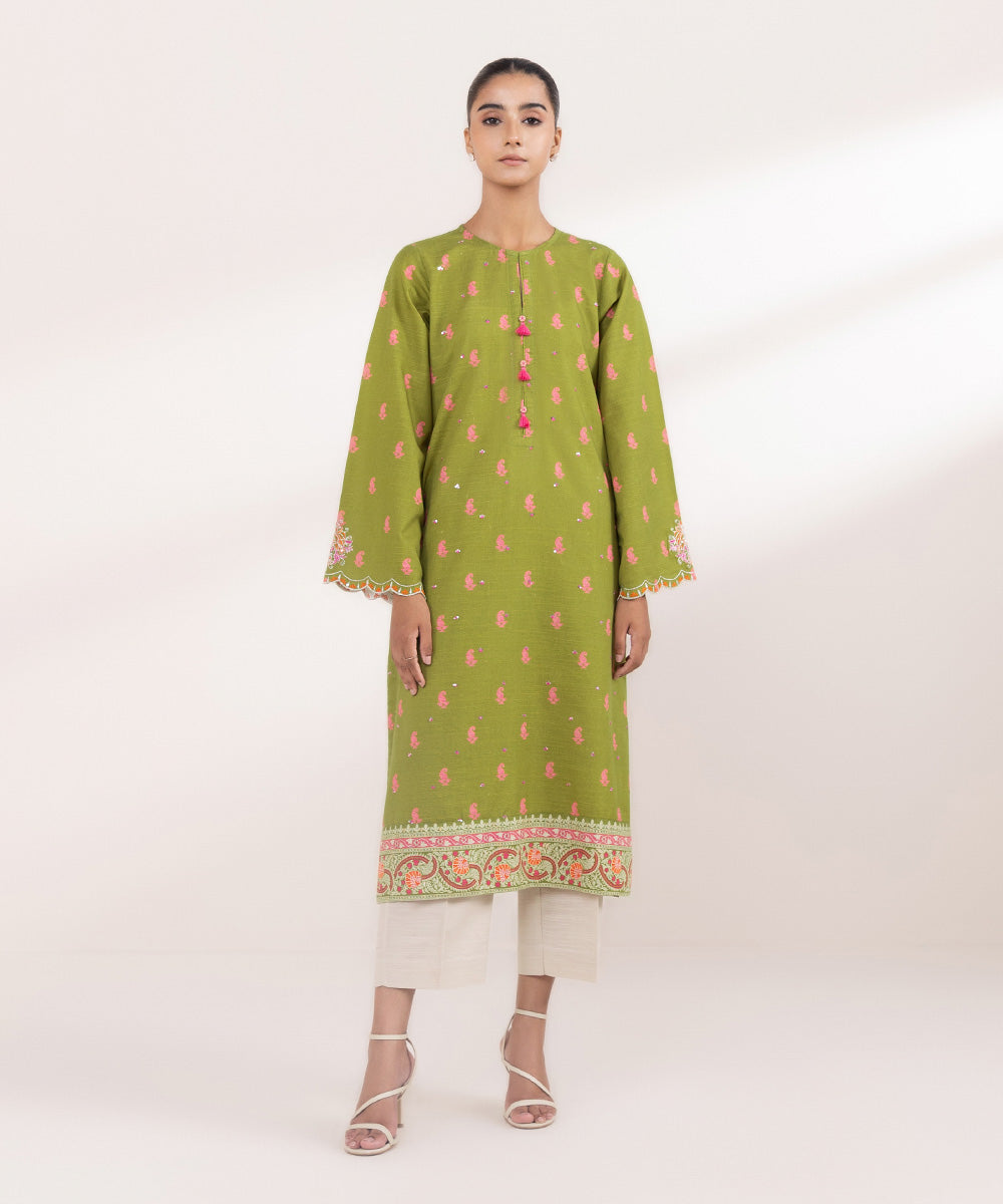 Women's Pret Khaddar Green Embroidered A-Line Shirt