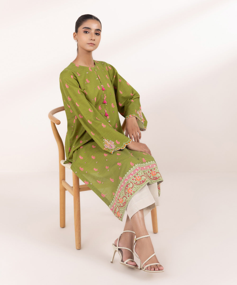 Women's Pret Khaddar Green Embroidered A-Line Shirt