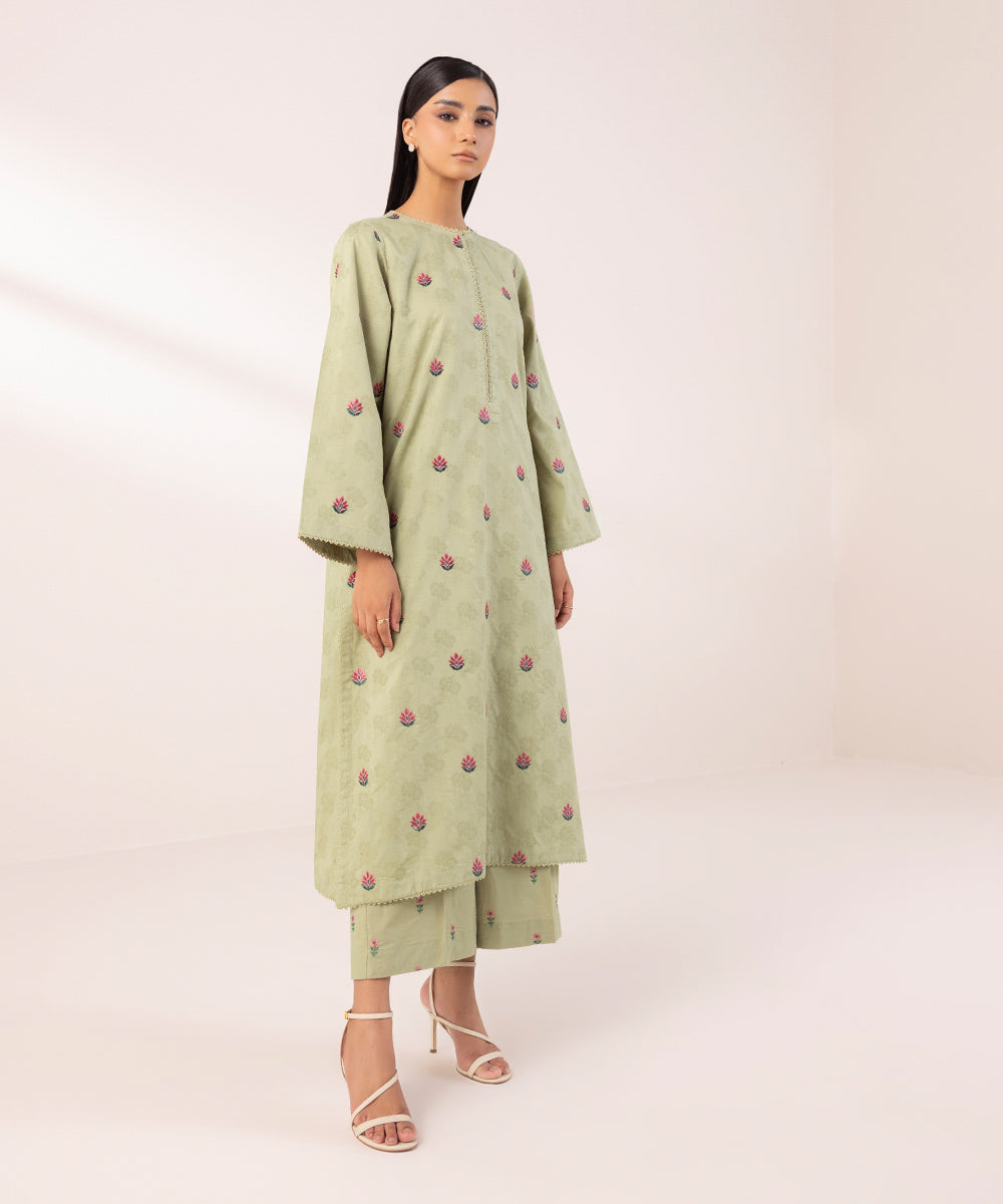 Women's Pret Cotton Jacquard Embroidered Green A-Line Shirt