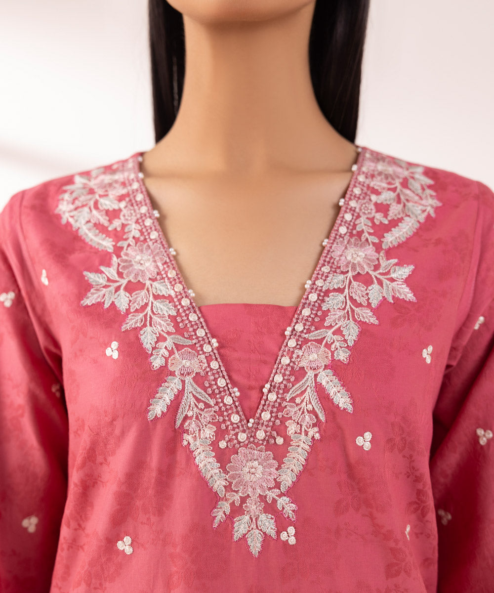 Women's Pret Cotton Jacquard Embroidered Pink A-Line Shirt