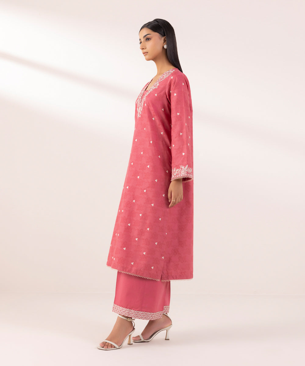 Women's Pret Cotton Jacquard Embroidered Pink A-Line Shirt