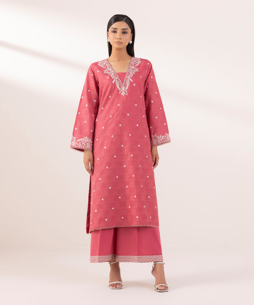 Women's Pret Cotton Jacquard Embroidered Pink A-Line Shirt