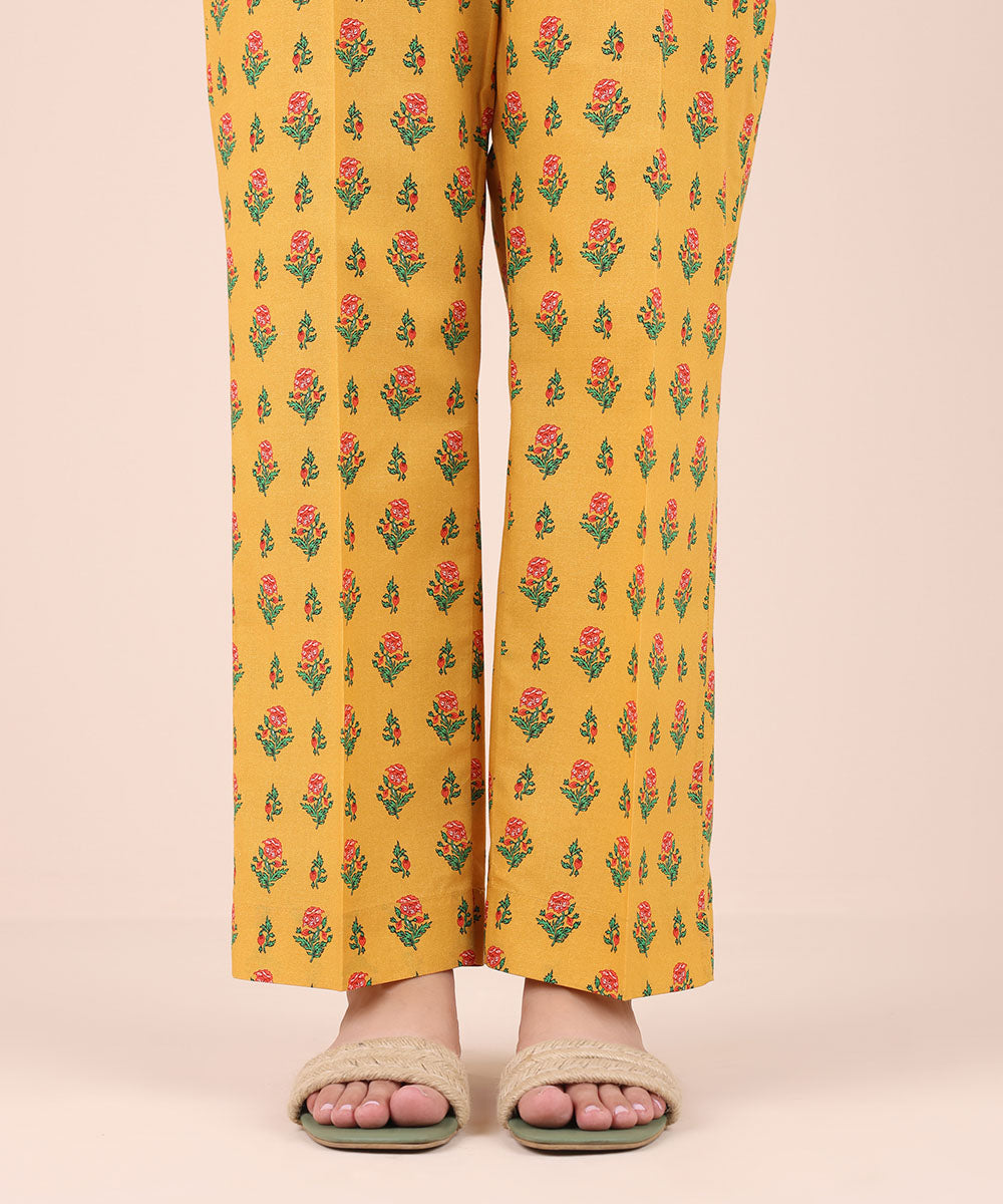 Women's Pret Cambric Yellow Printed Straight Pants