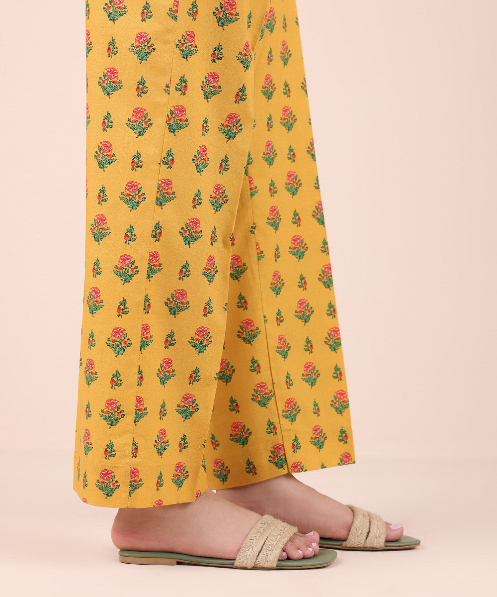 Women's Pret Cambric Yellow Printed Straight Pants