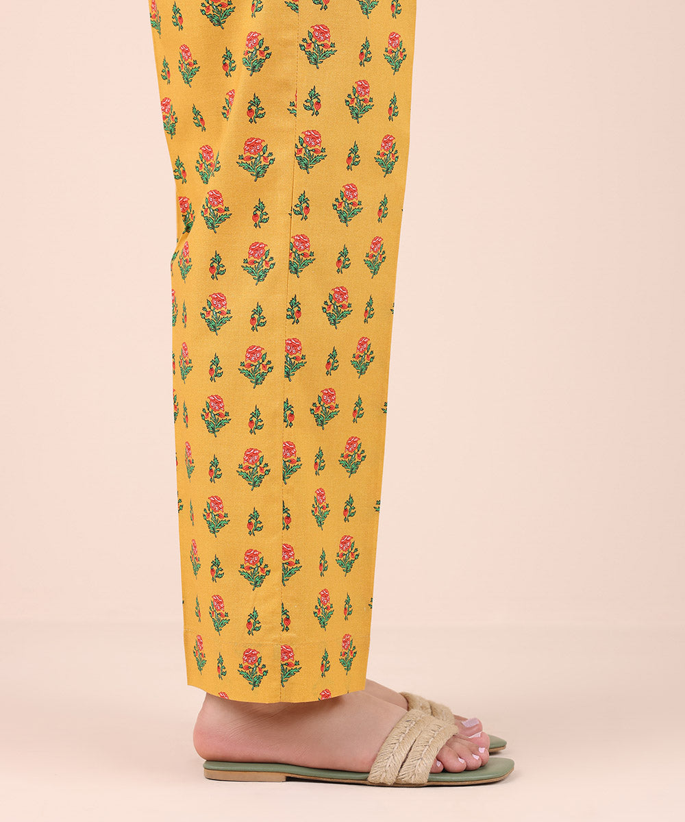 Women's Pret Cambric Yellow Printed Straight Pants