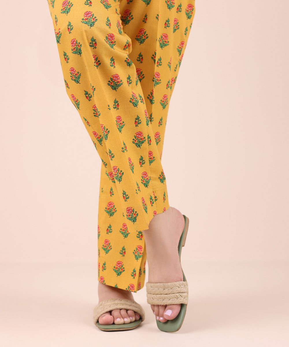 Women's Pret Cambric Yellow Printed Straight Pants