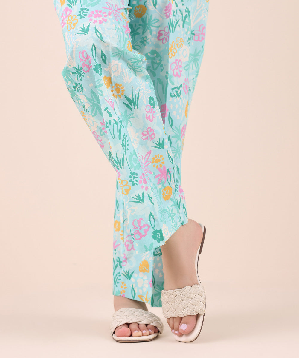 Women's Pret Cambric Blue Printed Straight Pants