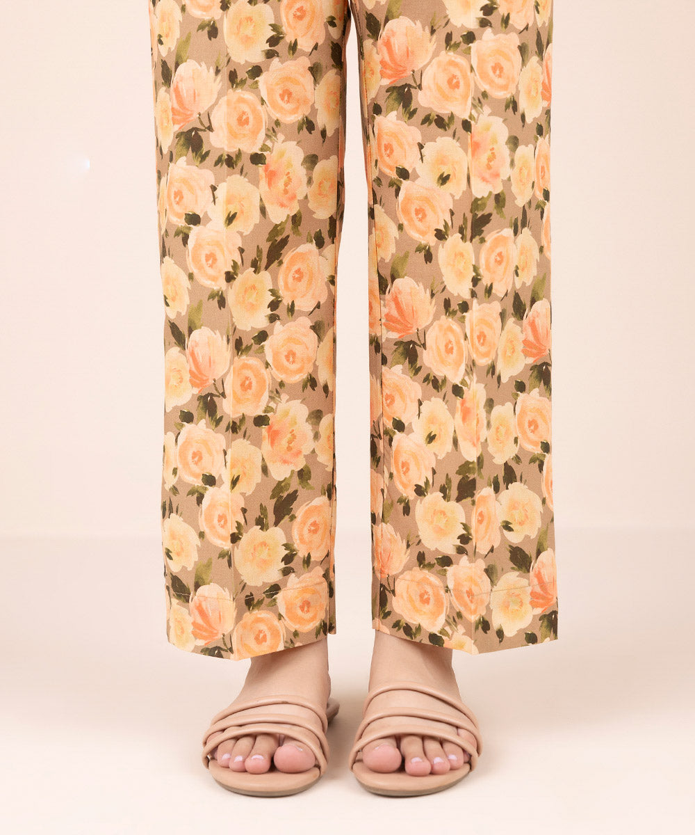 Women's Pret Cambric Orange Printed Straight Pants