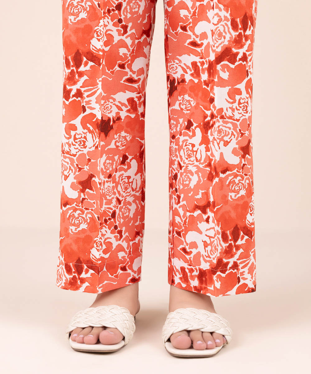 Women's Pret Cambric Orange Printed Straight Pants