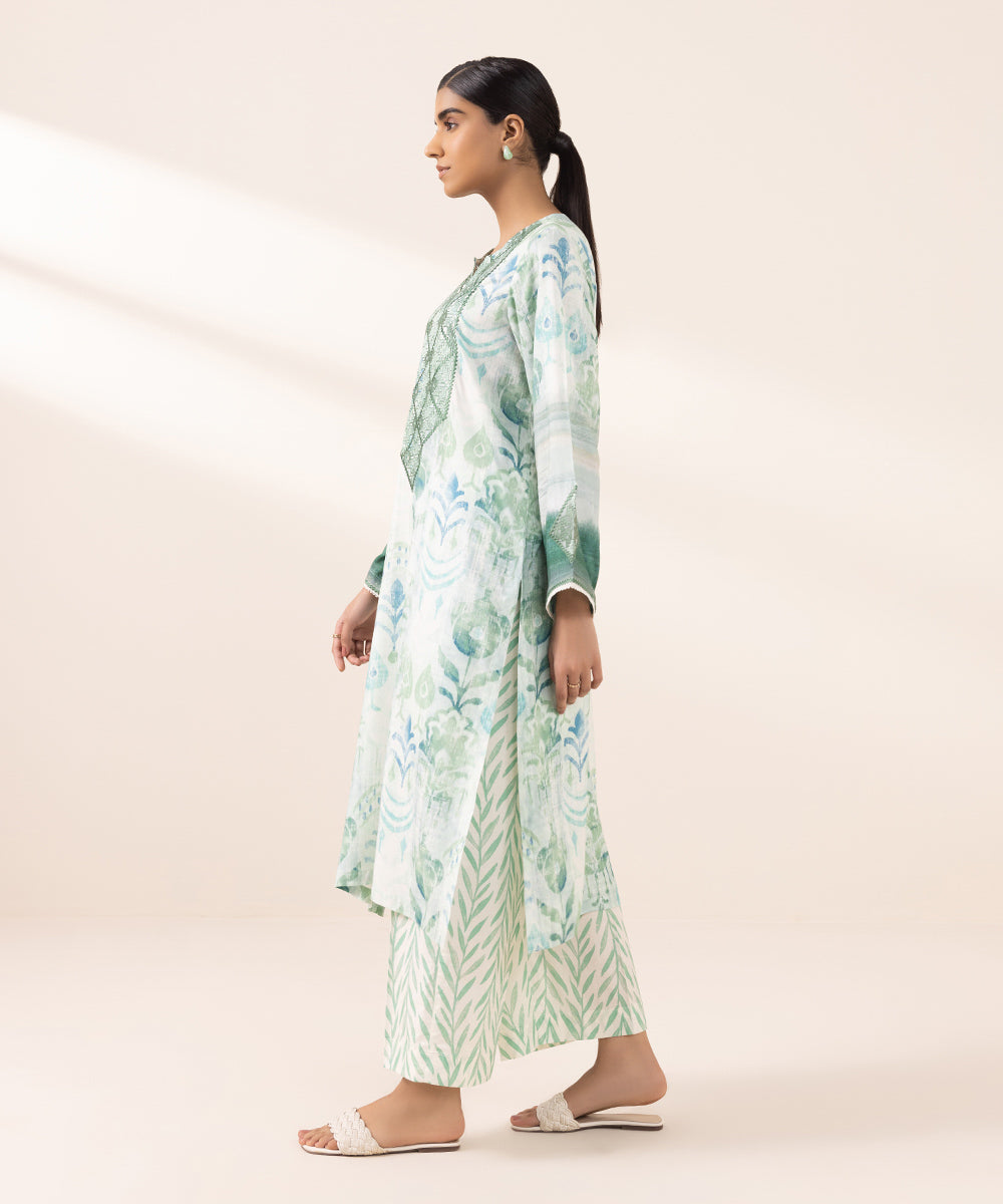 Women's Pret Arabic Lawn Printed Embroidered Green Straight Shirt