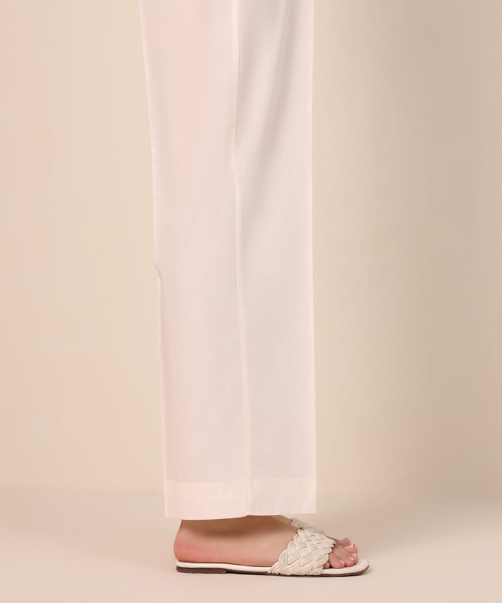 Women's Pret Cambric Off White Solid Straight Pants