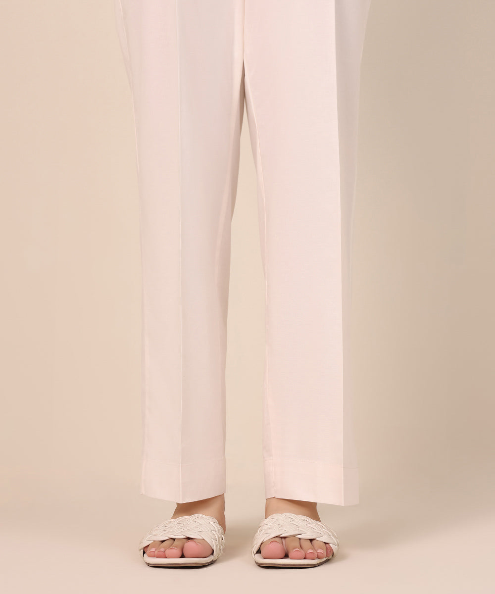 Women's Pret Cambric Off White Solid Straight Pants