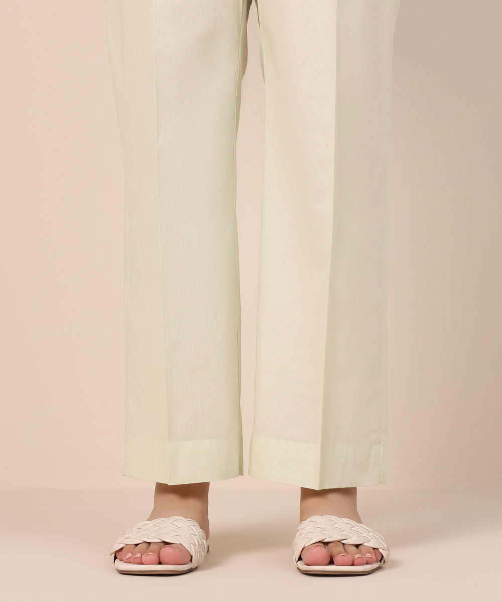 Women's Pret Cambric Off White Solid Straight Pants