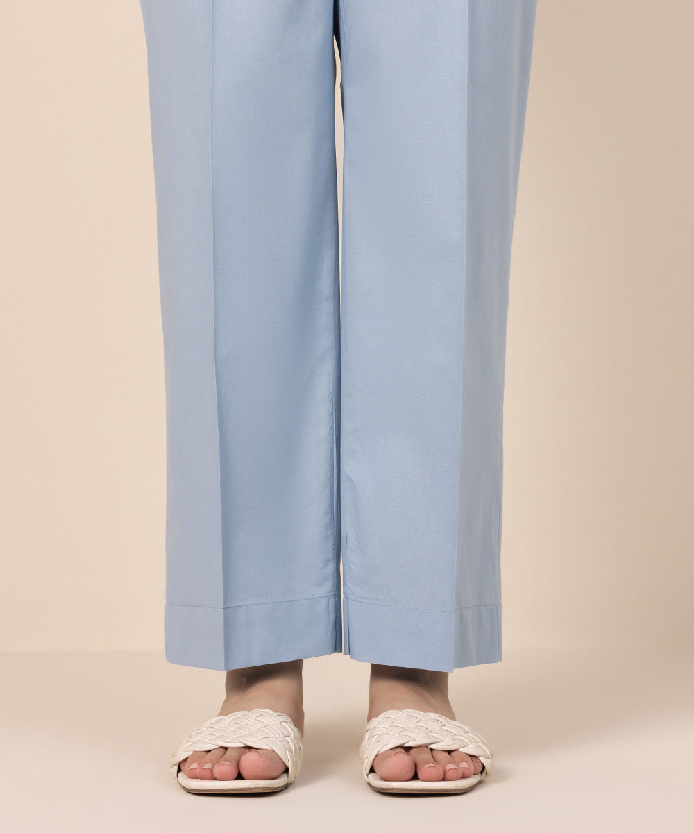 Women's Pret Cambric Blue Solid Straight Pants