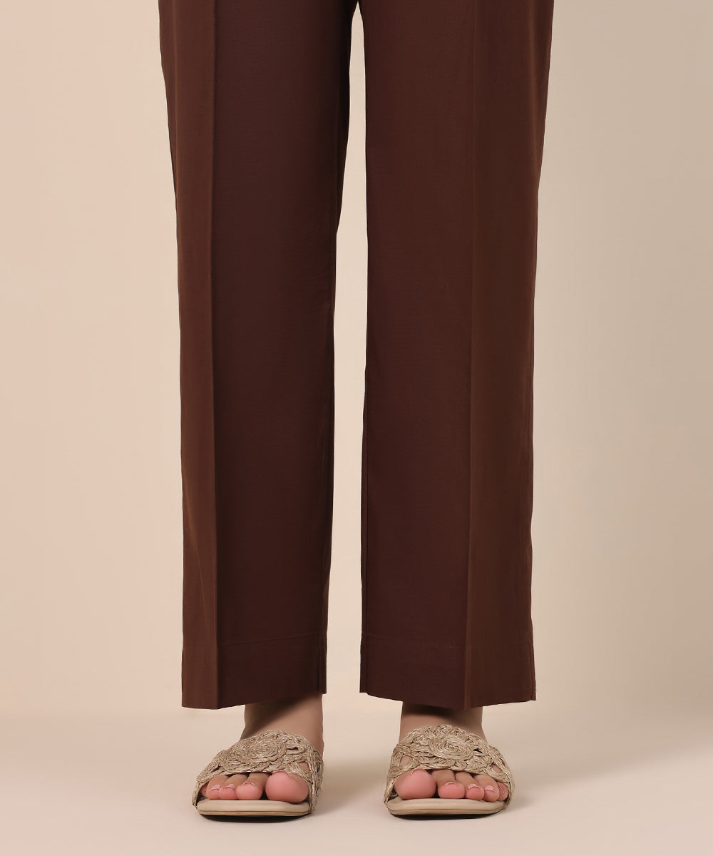 Women's Pret Cambric Brown Solid Straight Pants