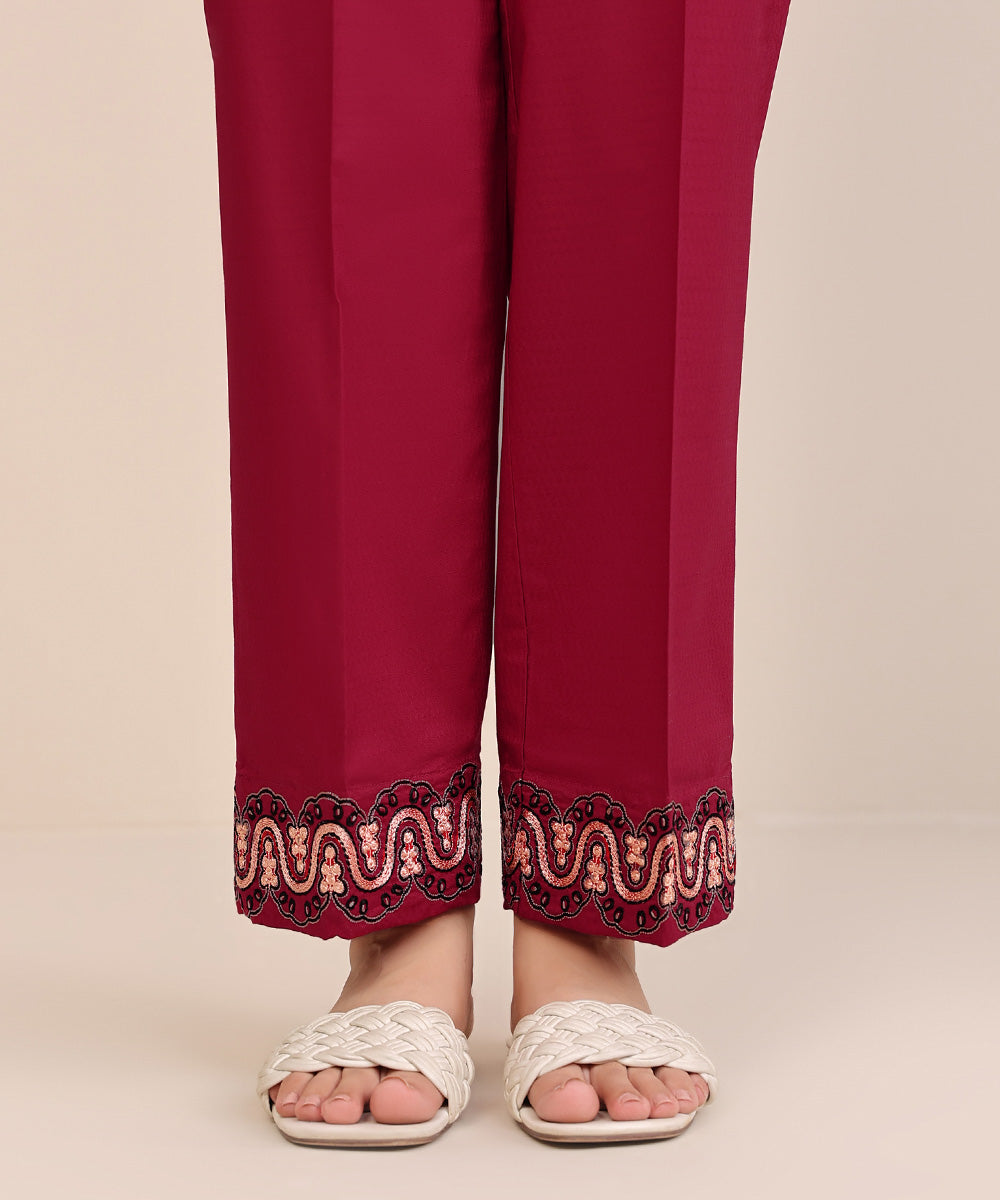 Women's Pret Dobby Red Solid Embroidered Straight Pants