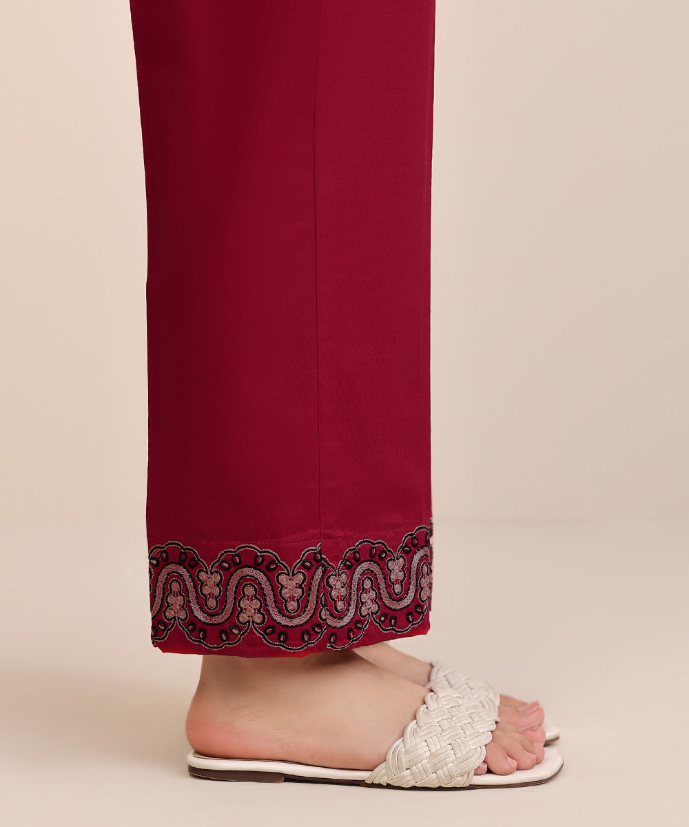 Women's Pret Dobby Red Solid Embroidered Straight Pants