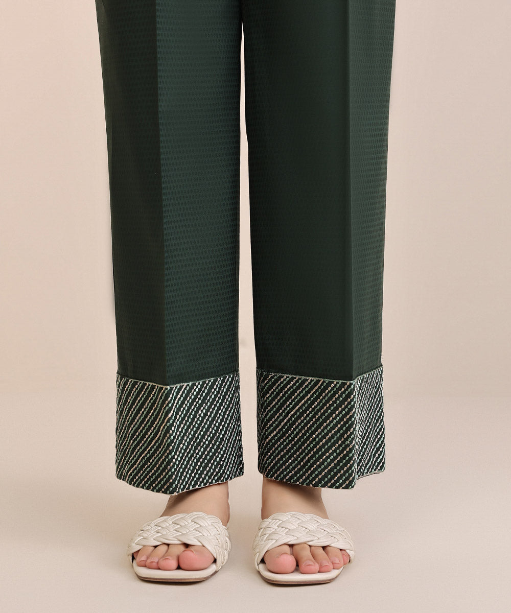 Women's Pret Dobby Green Solid Embroidered Straight Pants