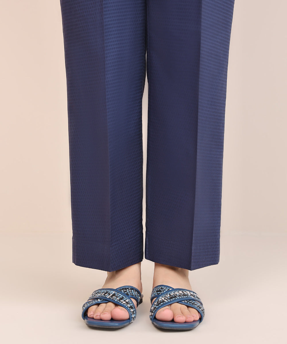 Women's Pret Dobby Blue Solid Straight Pants