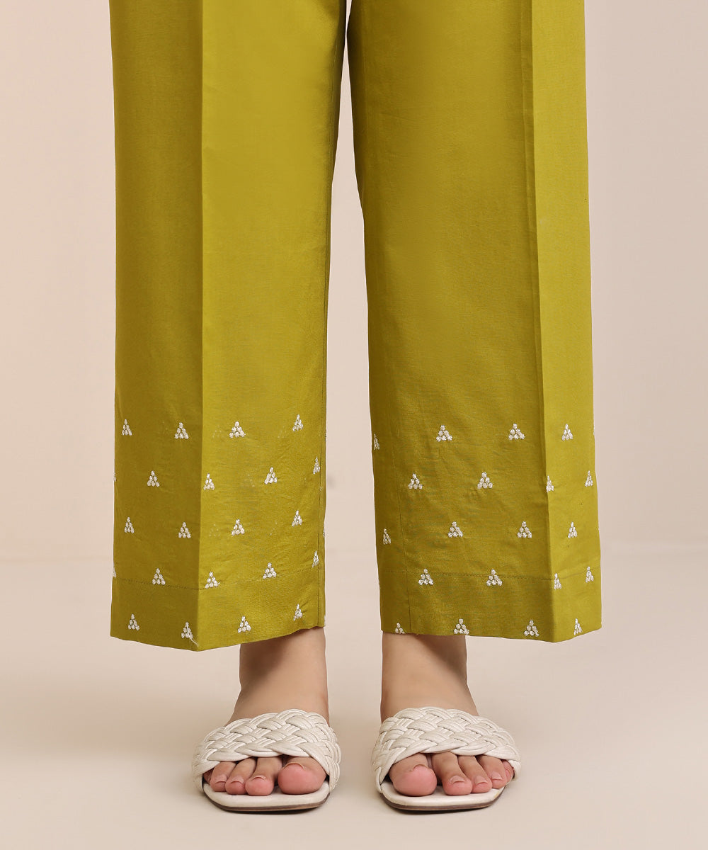 Women's Pret Cambric Yellow Solid Embroidered Straight Pants