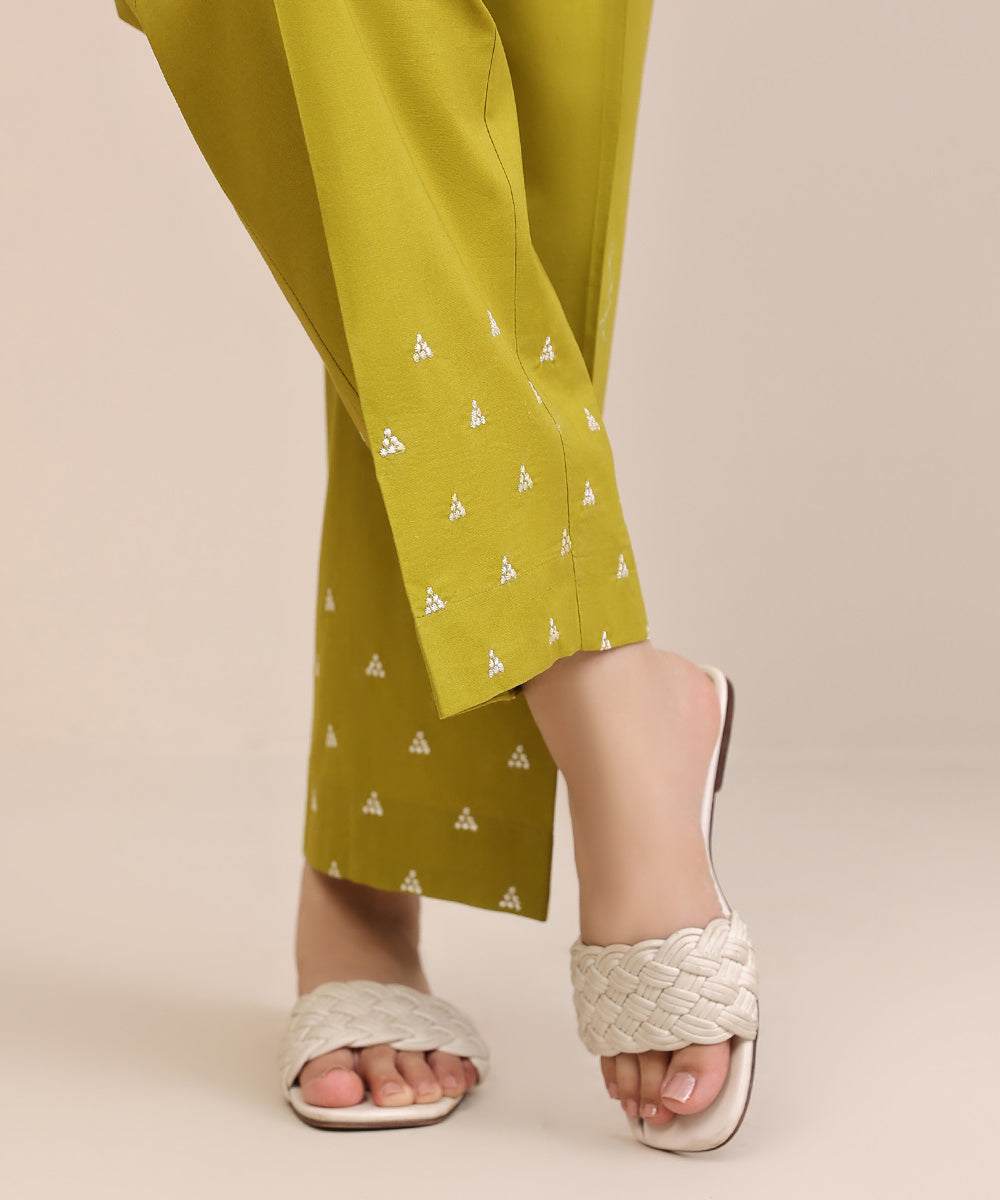 Women's Pret Cambric Yellow Solid Embroidered Straight Pants