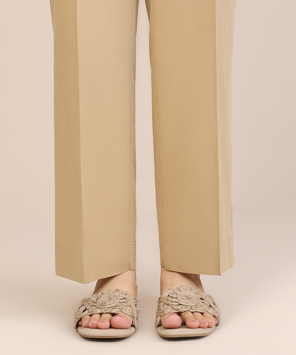 Women's Pret Cambric Beige Solid Straight Pants