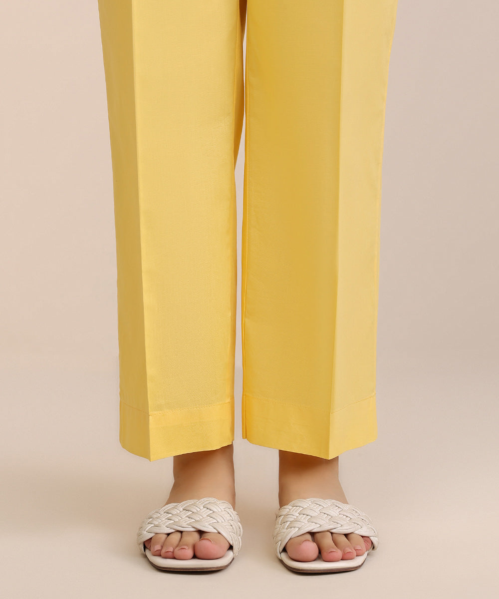 Women's Pret Cambric Yellow Solid Straight Pants